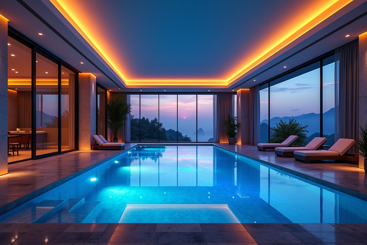 Piscine intérieure élégante au crépuscule avec éclairage LED et vue sur fenêtres