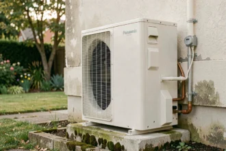 Pompe à chaleur air/eau Panasonic 16 kW installée sur la façade extérieure d'une maison individuelle