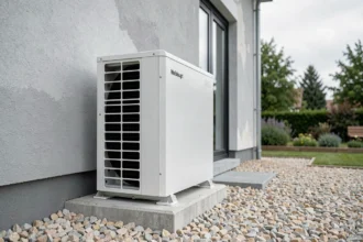 Pompe à chaleur Weishaupt installée en extérieur sur socle béton contre façade de maison moderne
