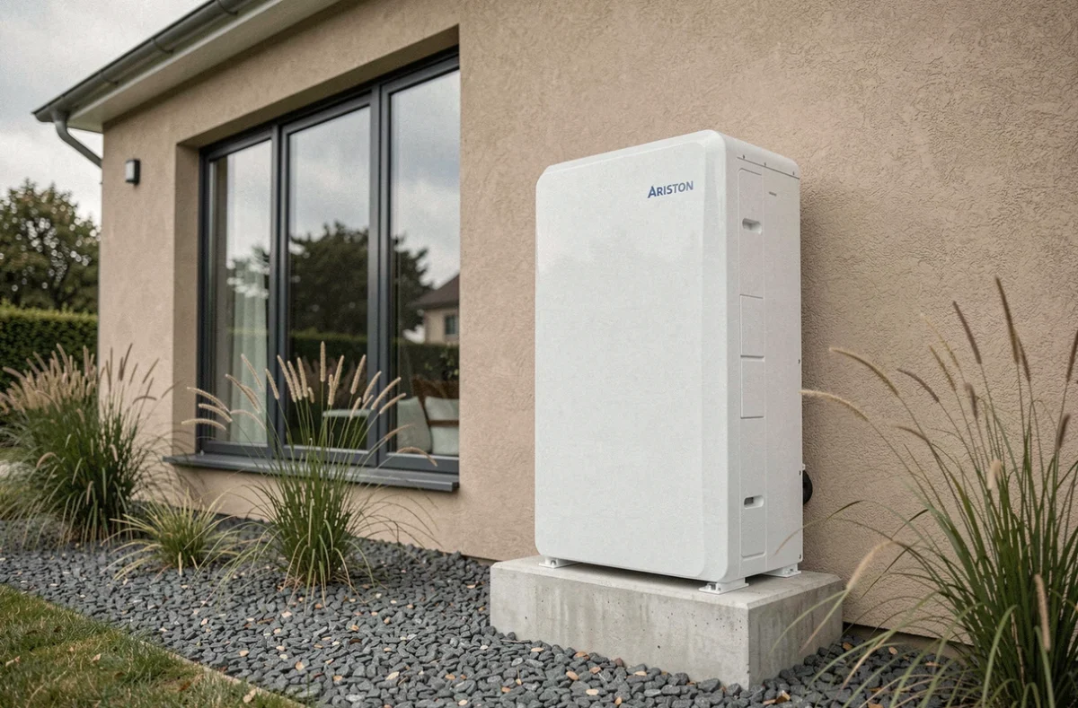 Pompe à chaleur air-eau Ariston installée en extérieur sur façade de maison moderne avec socle en béton et graviers décoratifs