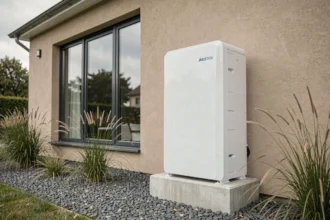 Pompe à chaleur air-eau Ariston installée en extérieur sur façade de maison moderne avec socle en béton et graviers décoratifs