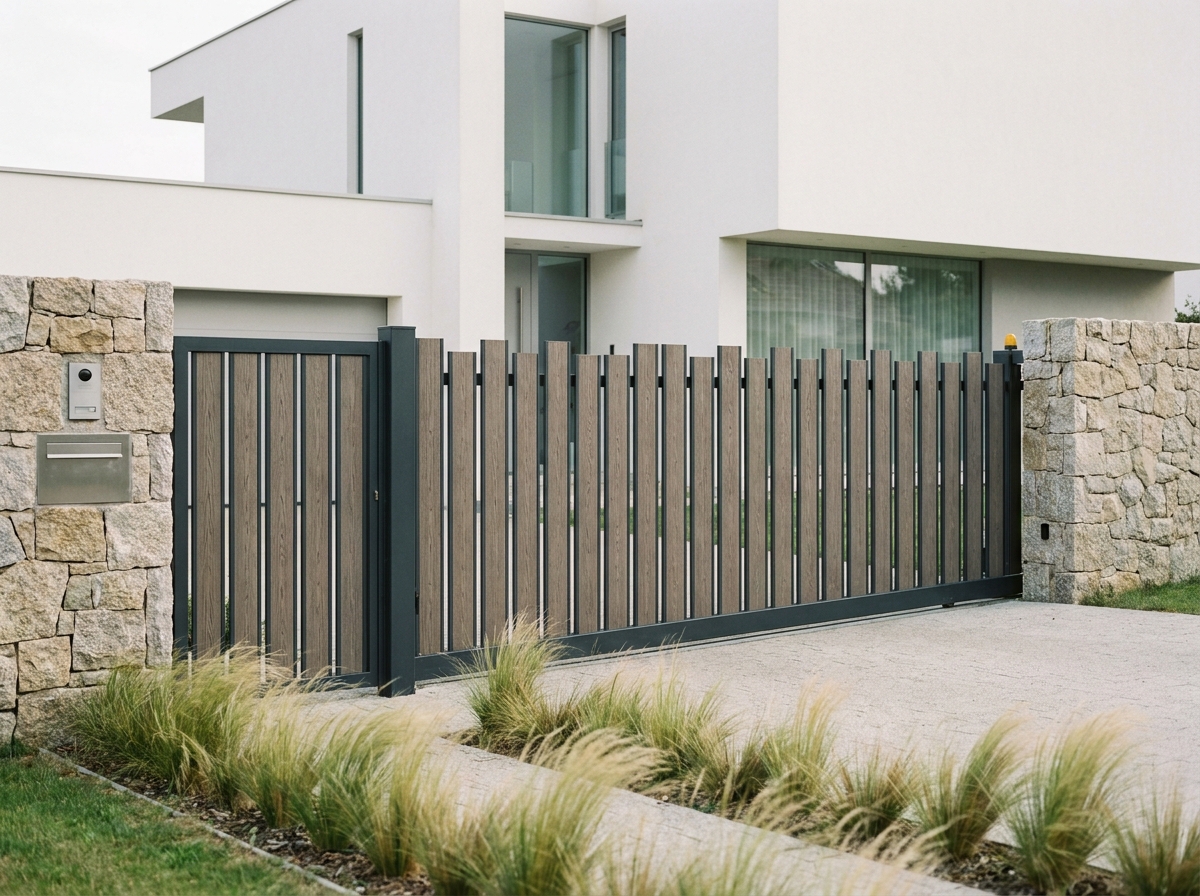Portail en aluminium anthracite adapté à un terrain en pente devant une maison contemporaine à façade blanche