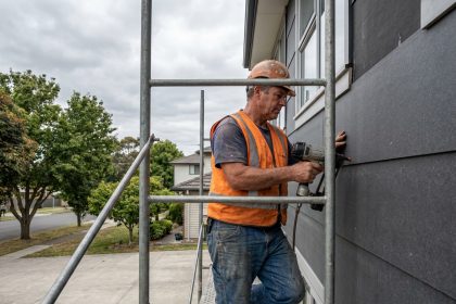 Ouvrier posant des panneaux de bardage en fibrociment gris sur la façade d'une maison en rénovation énergétique