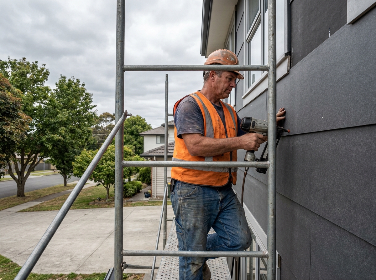 Ouvrier posant des panneaux de bardage en fibrociment gris sur la façade d'une maison en rénovation énergétique