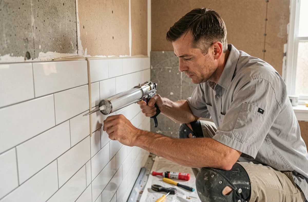 Carreleur appliquant un joint d'étanchéité sur une dalle murale de salle de bain pour prévenir la moisissure