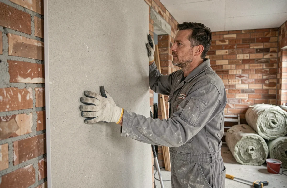 Ouvrier posant un panneau de placoplatre sur un mur en brique dans une pièce en cours de rénovation intérieure