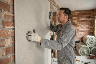 Ouvrier posant un panneau de placoplatre sur un mur en brique dans une pièce en cours de rénovation intérieure