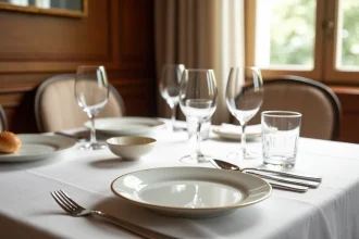 Vue plongeante d'un couvert à la française avec positionnement des verres selon le protocole traditionnel sur nappe en lin blanc