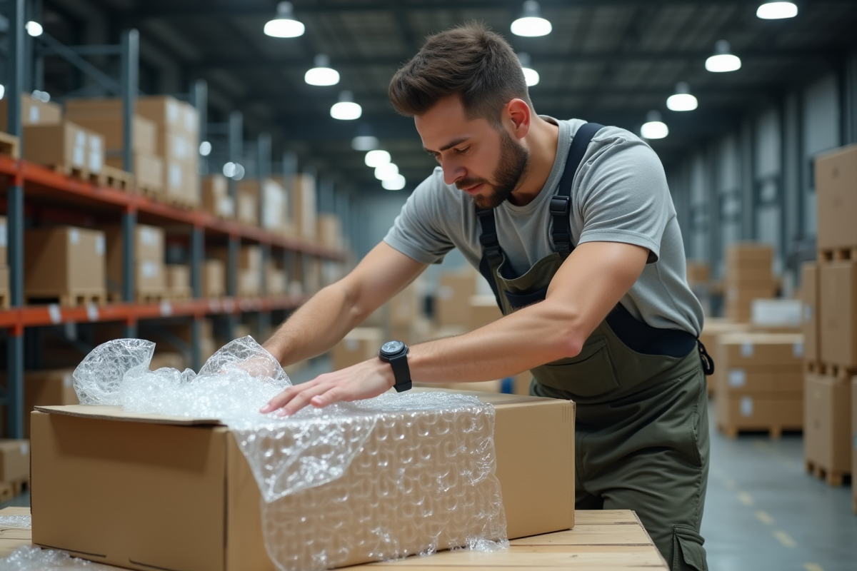 Employé préparant un colis fragile dans un entrepôt