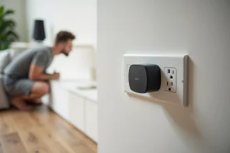 Homme branchant un hub domotique sur une prise double Legrand dans un salon moderne et épuré