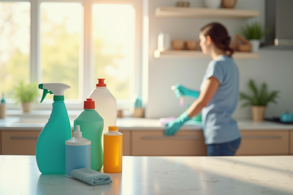 Produits de nettoyage sur un plan de travail de cuisine lumineux