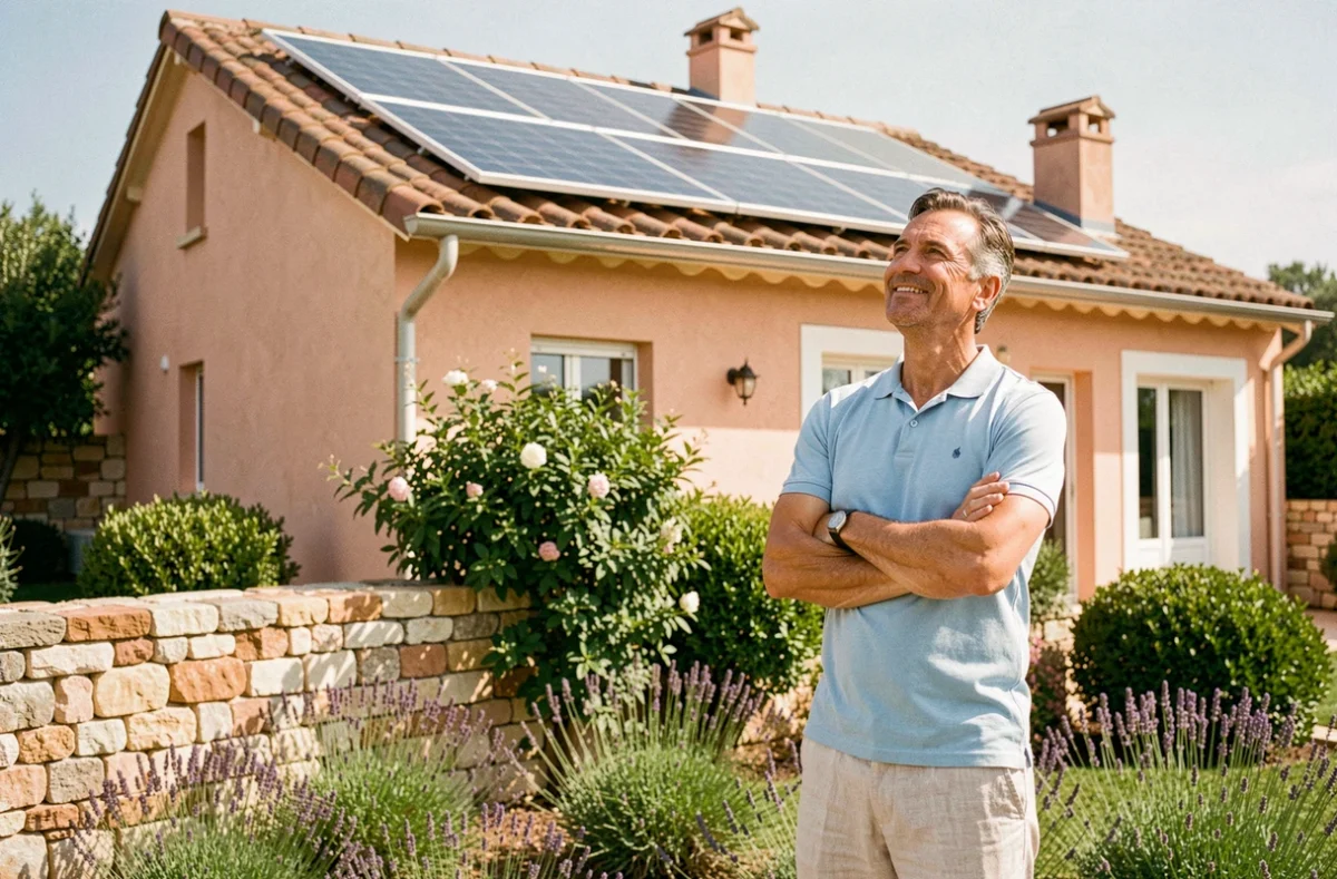 Propriétaire satisfait devant sa maison à Nice équipée de panneaux solaires sur le toit