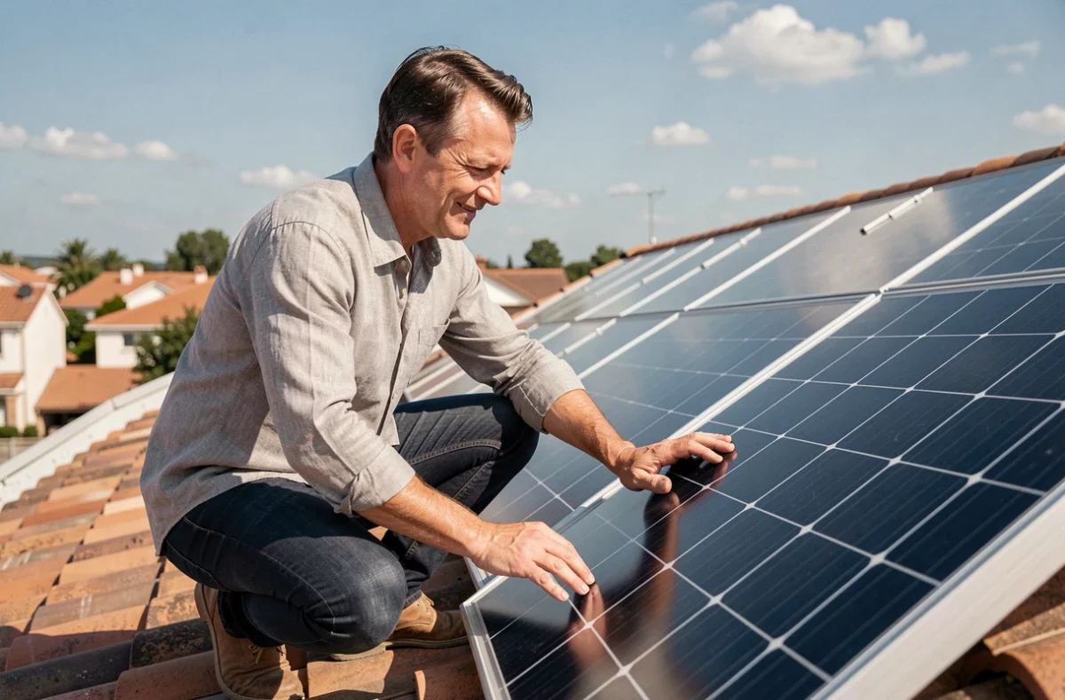 Propriétaire inspectant des panneaux solaires installés sur le toit de sa maison individuelle
