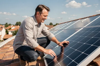 Propriétaire inspectant des panneaux solaires installés sur le toit de sa maison individuelle