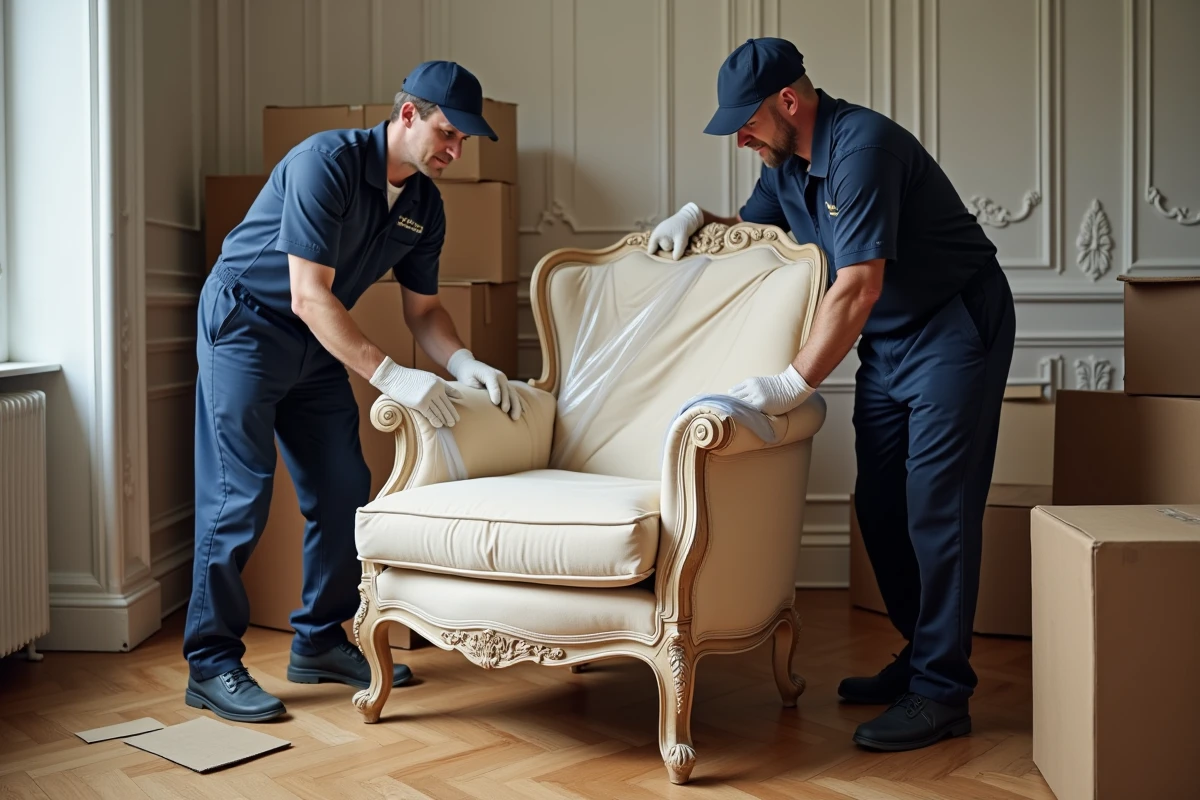 Déménageurs professionnels emballant un fauteuil ancien avec des couvertures de protection dans un appartement haussmannien