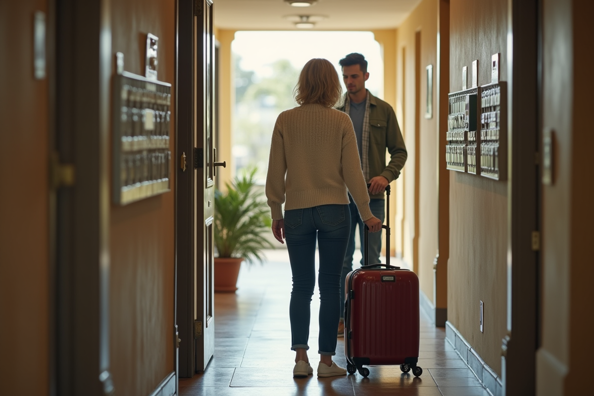 Femme surprise accueillant un couple avec bagages dans un couloir
