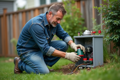 Homme d'âge moyen remplaçant les piles d'un programmateur d'arrosage