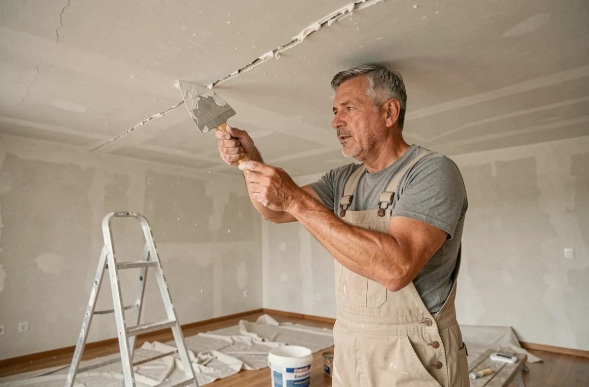 Artisan appliquant un enduit de réparation sur une fissure de plafond en plâtre avec une spatule large