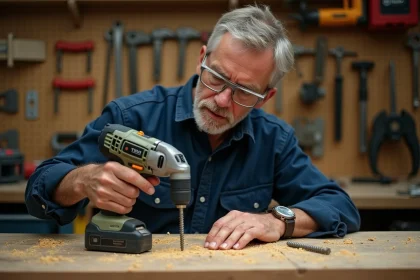 Homme utilisant une perceuse pour retirer une vis foirée sur un établi en bois dans un atelier