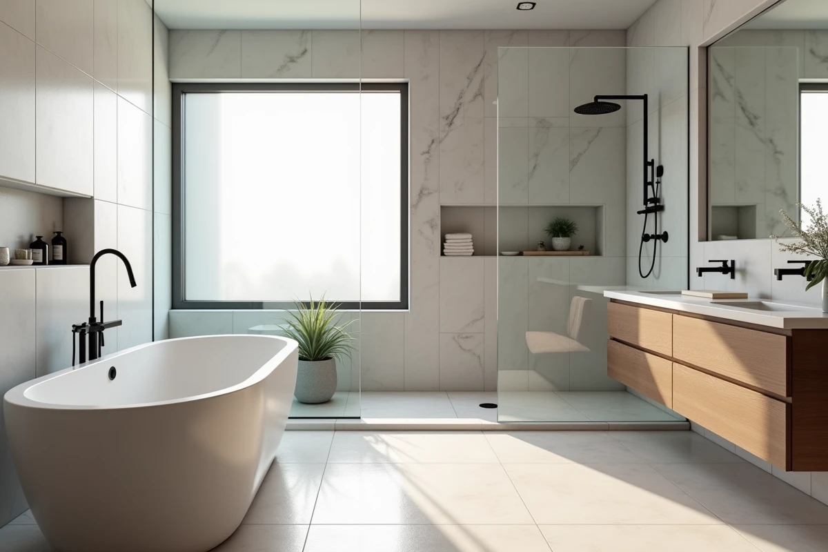 Salle de bain en suite de suite parentale avec baignoire îlot en résine, double vasque en noyer et douche à l'italienne sur mesure