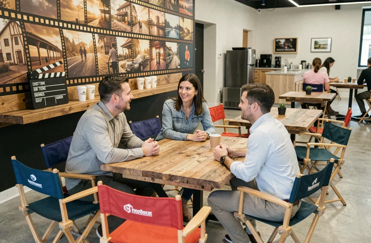 Salle de pause en entreprise aménagée avec une décoration thème cinéma pour valoriser la culture de marque