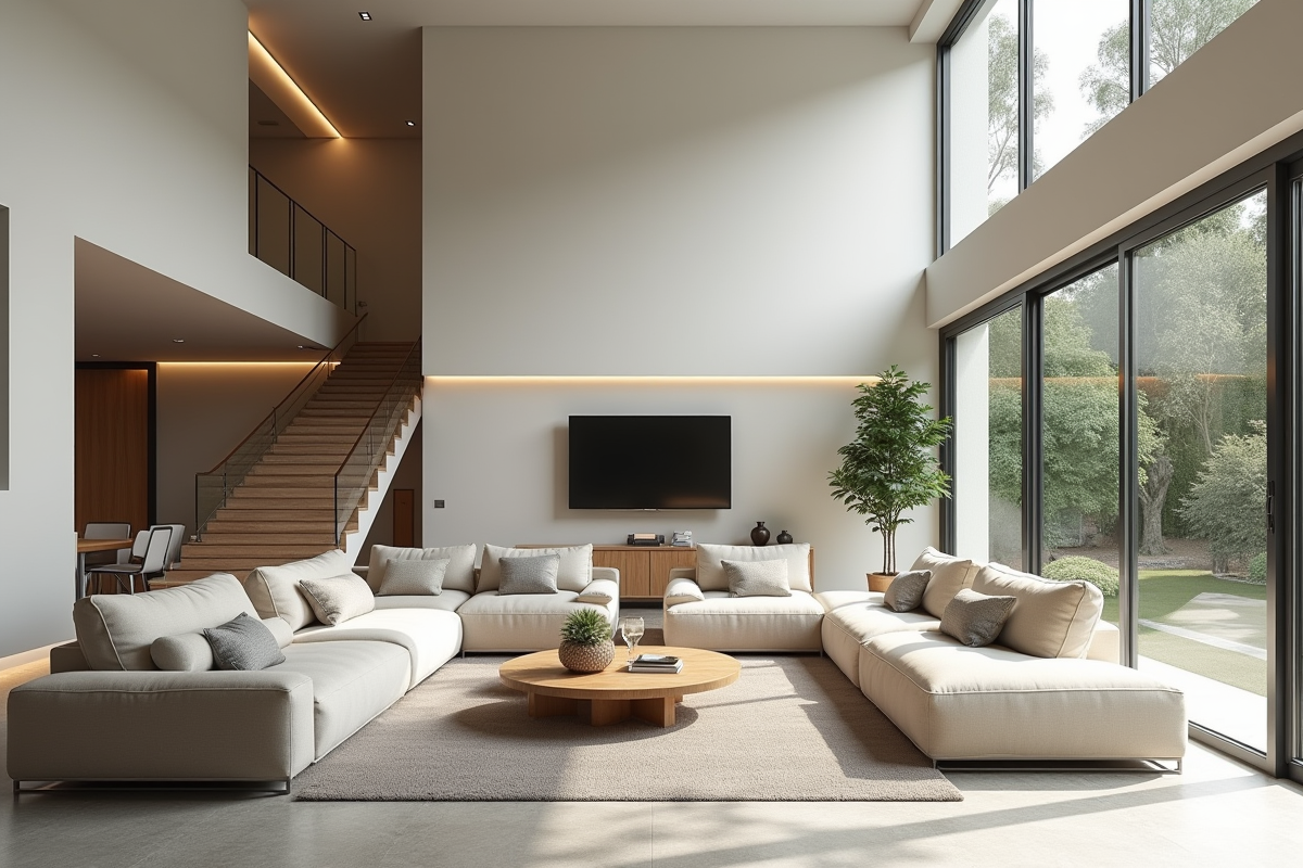 Salle sous-sol moderne et lumineuse avec grandes fenêtres et mobilier