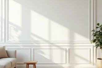 Salon scandinave avec boiseries peintes en blanc mat et canapé en lin naturel