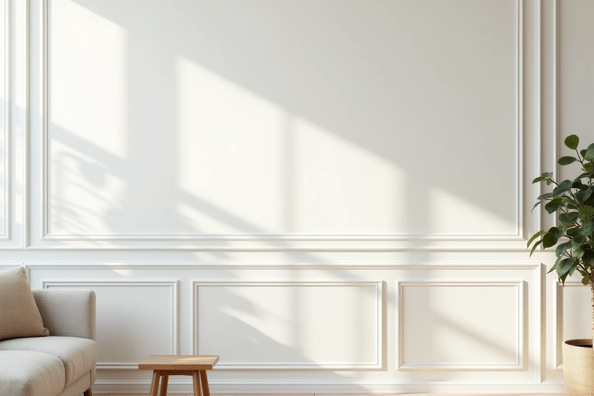 Salon scandinave avec boiseries peintes en blanc mat et canapé en lin naturel