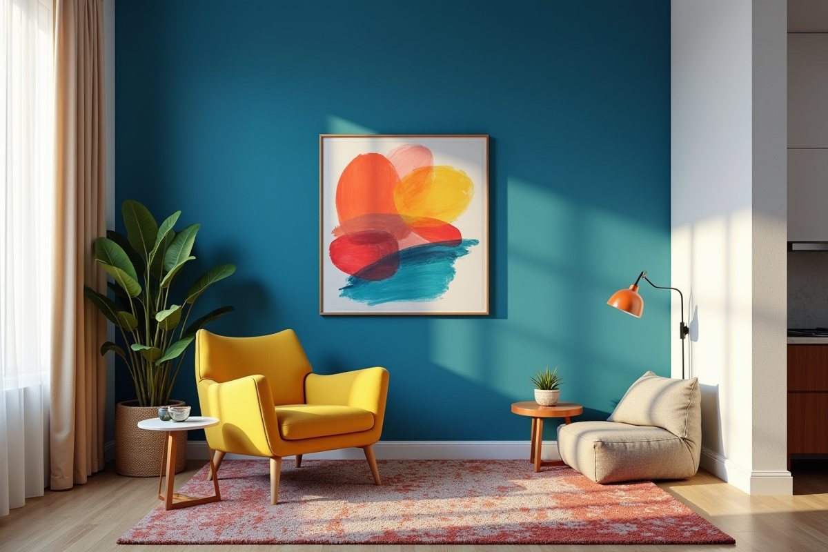 Salon coloré avec mur bleu et fauteuil jaune