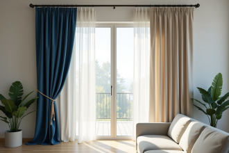 Salon moderne avec rideaux bleus et beige lumineux