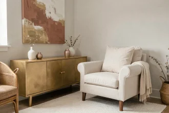 Salon décoré selon les principes Feng Shui de la direction Ouest avec fauteuil en lin crème, vases céramiques dorés et tableau en tons terracotta