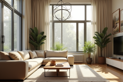 Salon moderne avec canapé beige et grandes fenêtres