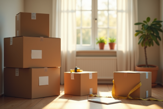 Salon moderne avec cartons de déménagement empiles et étiquettes