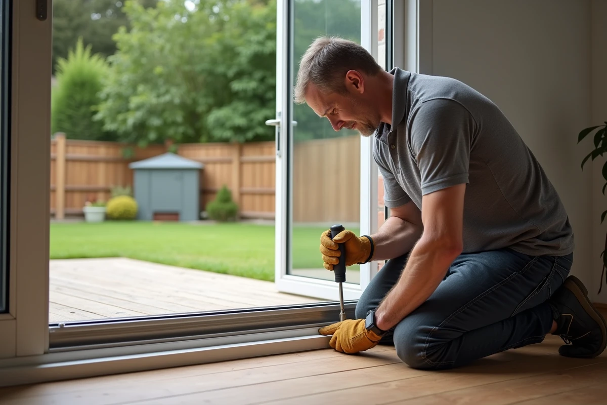 Homme sécurisant les fixations d'une chatière amovible sur une porte-fenêtre depuis l'extérieur