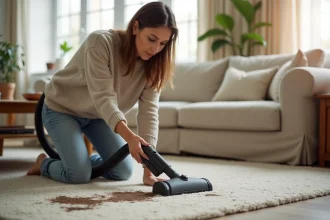 Femme utilisant une shampouineuse sur une tache tenace sur moquette beige dans un salon
