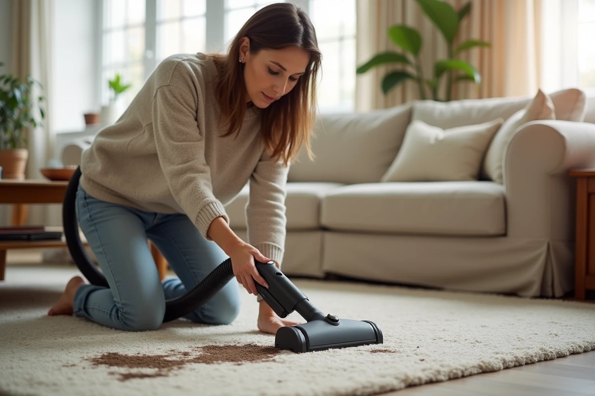 Femme utilisant une shampouineuse sur une tache tenace sur moquette beige dans un salon