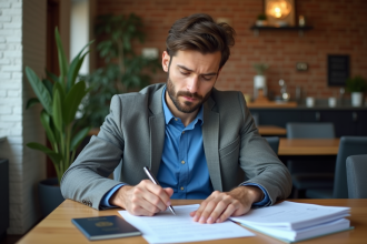Homme signant un contrat de location dans un appartement urbain