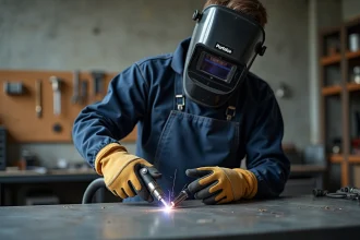 Homme adulte utilisant un poste à souder fil fourré Parkside sur une table de travail en métal dans un atelier garage