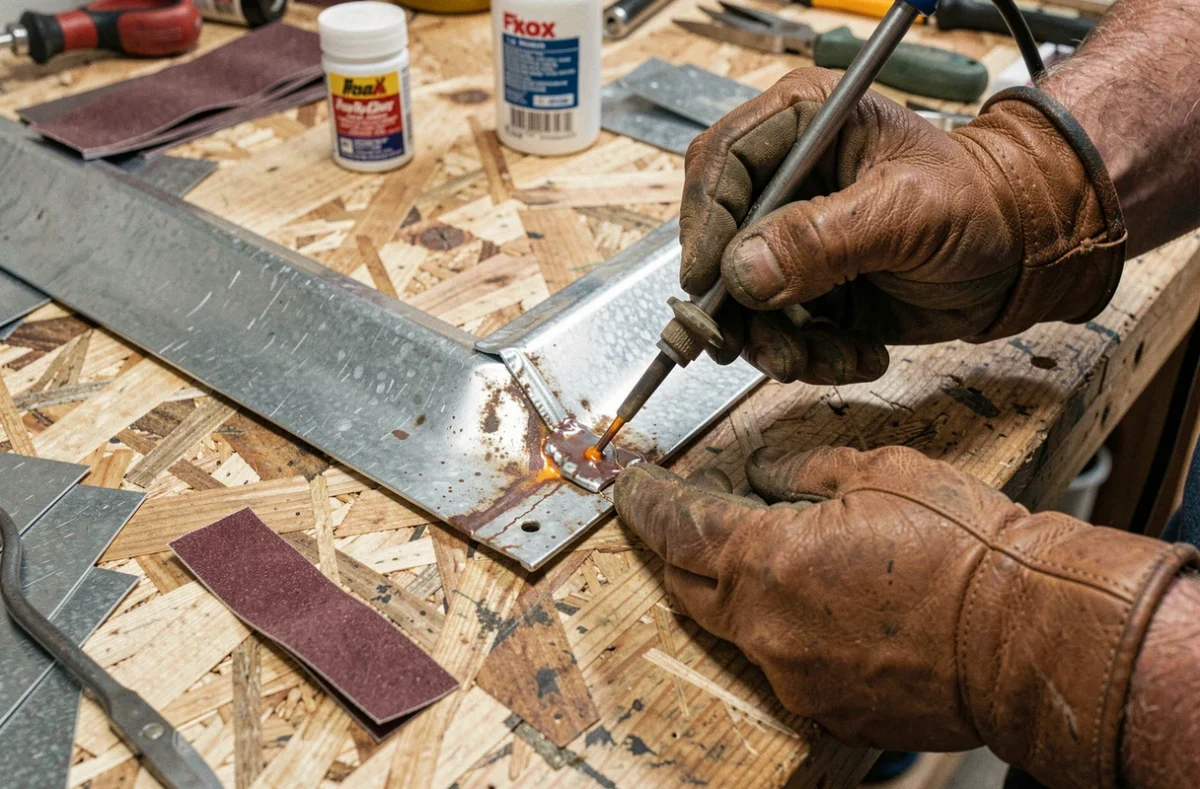 Gros plan sur des mains gantées soudant un angle de gouttière en zinc sur un établi d'atelier