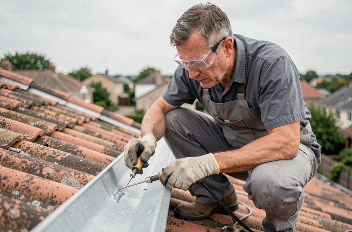 Artisan en train de souder une gouttière en zinc sur un toit résidentiel avec un fer à souder et un fil d'étain