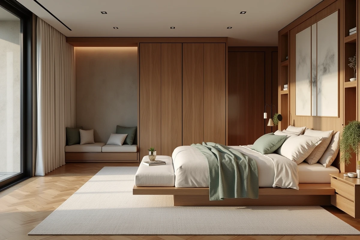 Suite parentale sur mesure avec mobilier en chêne, parquet en chevrons et espace lecture intégré conçu par un architecte intérieur
