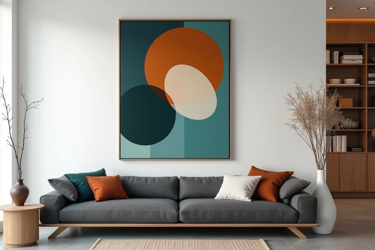 Tableau abstrait aux tons teal et terracotta au-dessus d'un canapé gris dans un salon moderne au sol en béton poli