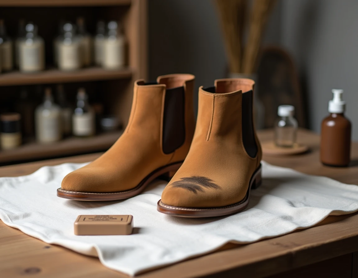 Bottines en daim camel avec une vieille tache en cours de traitement à l'aide d'une gomme spéciale daim et d'un spray