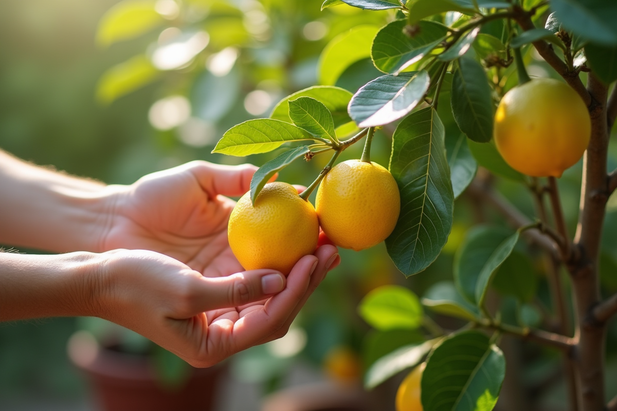 Mains taillant et arrosant un citronnier en pot