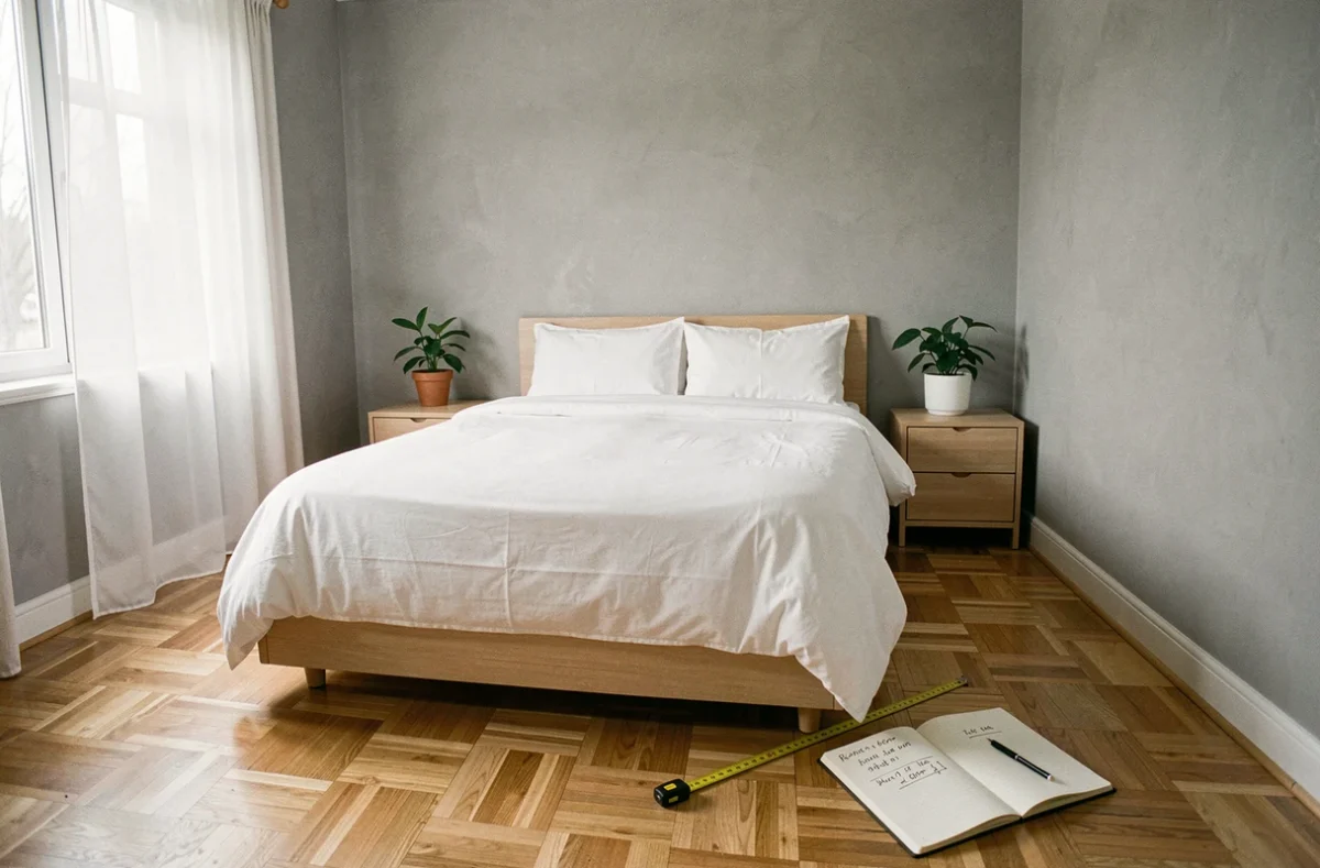 Chambre standard de 12 m² avec lit double, parquet en bois et mètre ruban au sol pour mesurer la surface