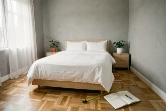 Chambre standard de 12 m² avec lit double, parquet en bois et mètre ruban au sol pour mesurer la surface