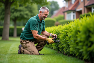 Jardinier taillant une haie dans un jardin résidentiel