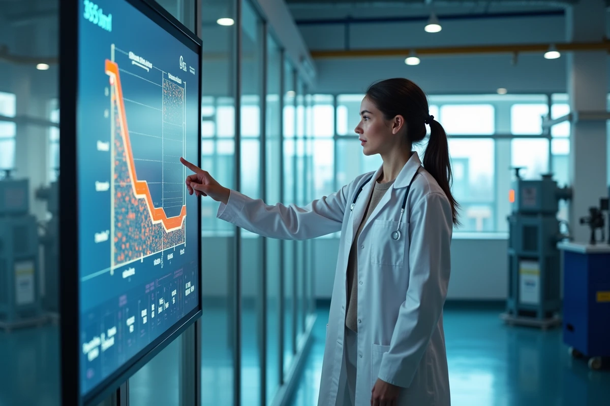 Technicienne pointant un diagramme sur un écran dans une salle de contrôle