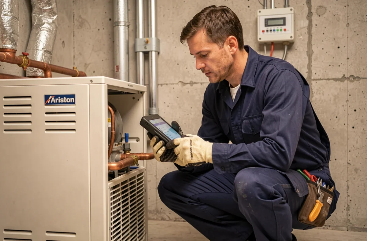 Technicien en installation vêtu de combinaison bleue effectuant un diagnostic sur une pompe à chaleur Ariston dans une chaufferie