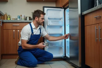 Technicien en réparation de réfrigérateur dans une cuisine moderne